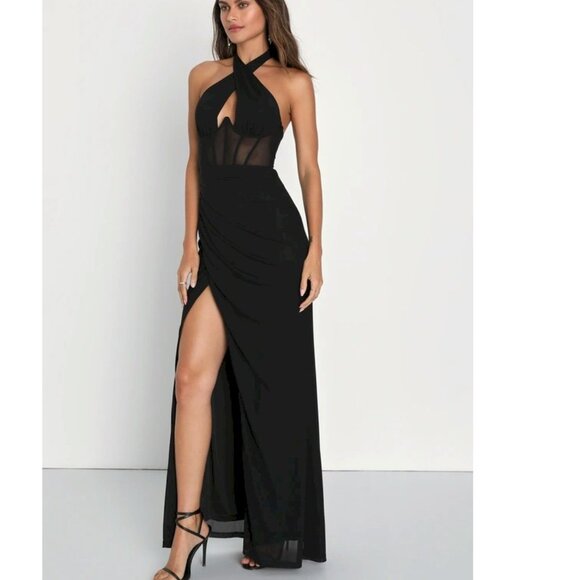 Never-Ending Glamour Black Mesh Cross-Front Halter Maxi Dress Size XS NWOT - Picture 3 of 13